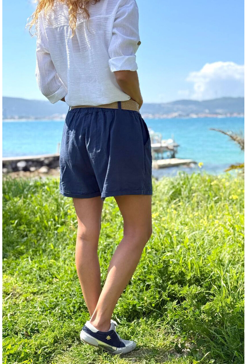 İtalyan Lacivert Cepli Kemerli Keten Duble Paça Dokuma Şort 38 58