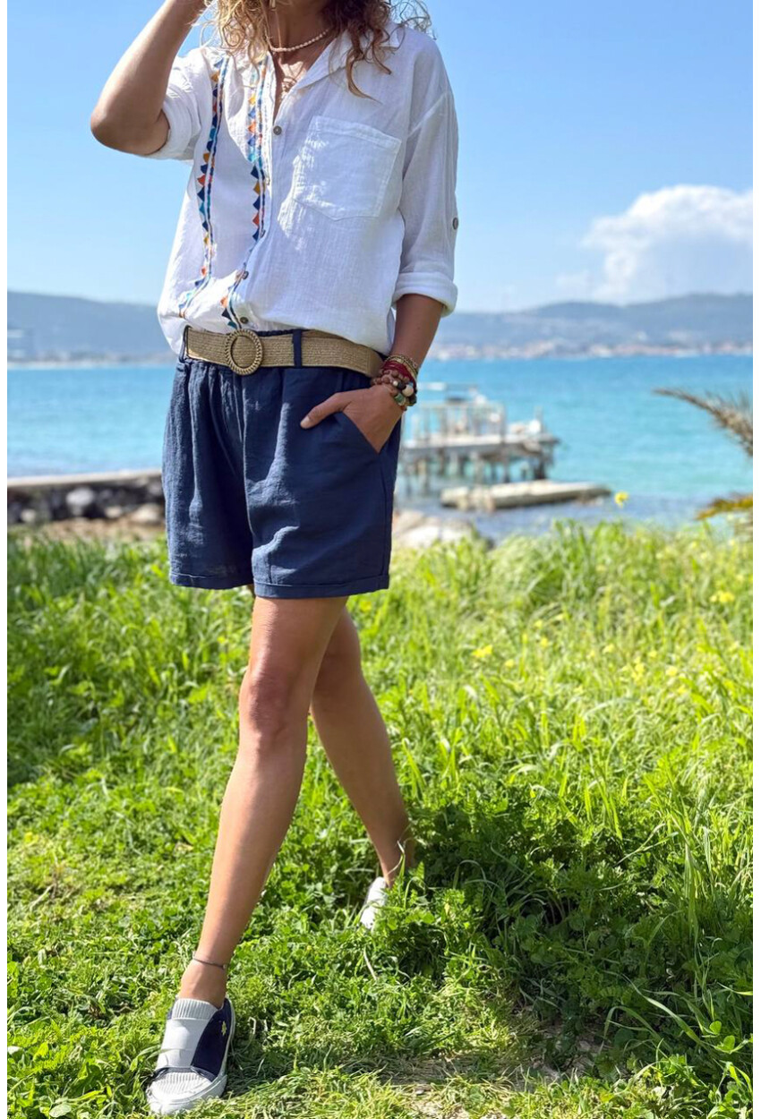 İtalyan Lacivert Cepli Kemerli Keten Duble Paça Dokuma Şort 38 58
