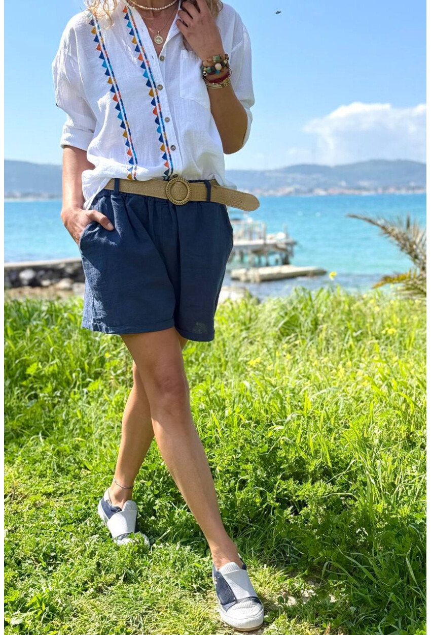 İtalyan Lacivert Cepli Kemerli Keten Duble Paça Dokuma Şort 38 58