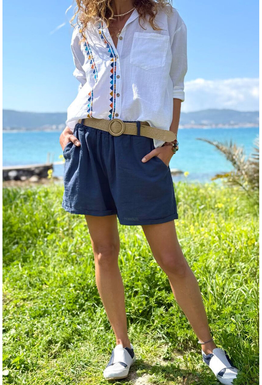İtalyan Lacivert Cepli Kemerli Keten Duble Paça Dokuma Şort 38 58