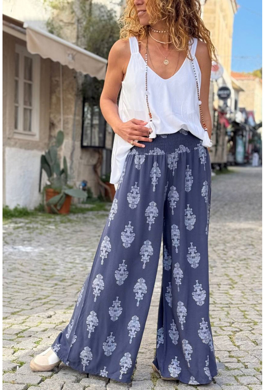 İtalyan Lacivert Etnik Desen Yumuşak Dokulu Lastikli Bel Bol Paça Salaş Dokuma Pantolon 100 64