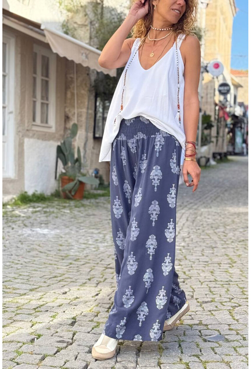 İtalyan Lacivert Etnik Desen Yumuşak Dokulu Lastikli Bel Bol Paça Salaş Dokuma Pantolon 100 64