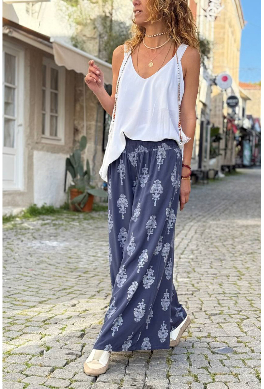İtalyan Lacivert Etnik Desen Yumuşak Dokulu Lastikli Bel Bol Paça Salaş Dokuma Pantolon 100 64