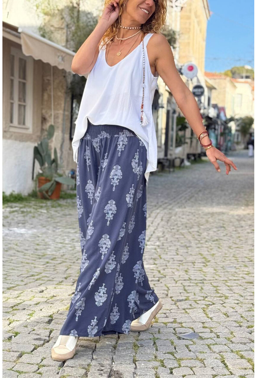 İtalyan Lacivert Etnik Desen Yumuşak Dokulu Lastikli Bel Bol Paça Salaş Dokuma Pantolon 100 64