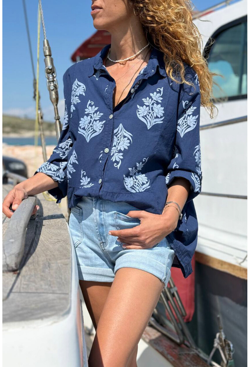 İtalyan Lacivert Etnik Desenli Cepli Eteği Pliseli Pamuklu Salaş Dokuma Gömlek 70 55