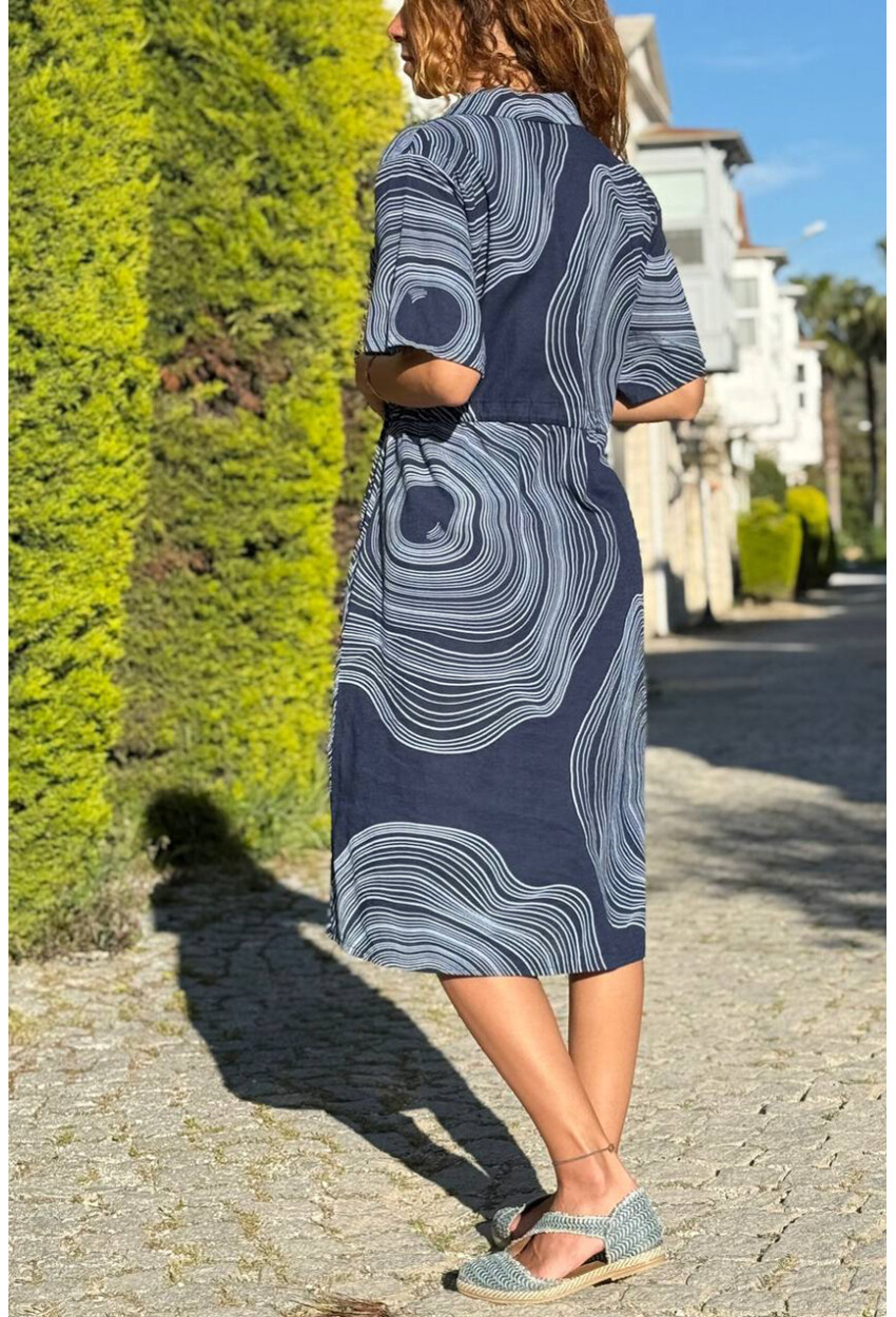 İtalyan Lacivert Gömlek Yaka Geometrik Desenli Cepli Lastikli Bel Keten Salaş Dokuma Elbise 110 60