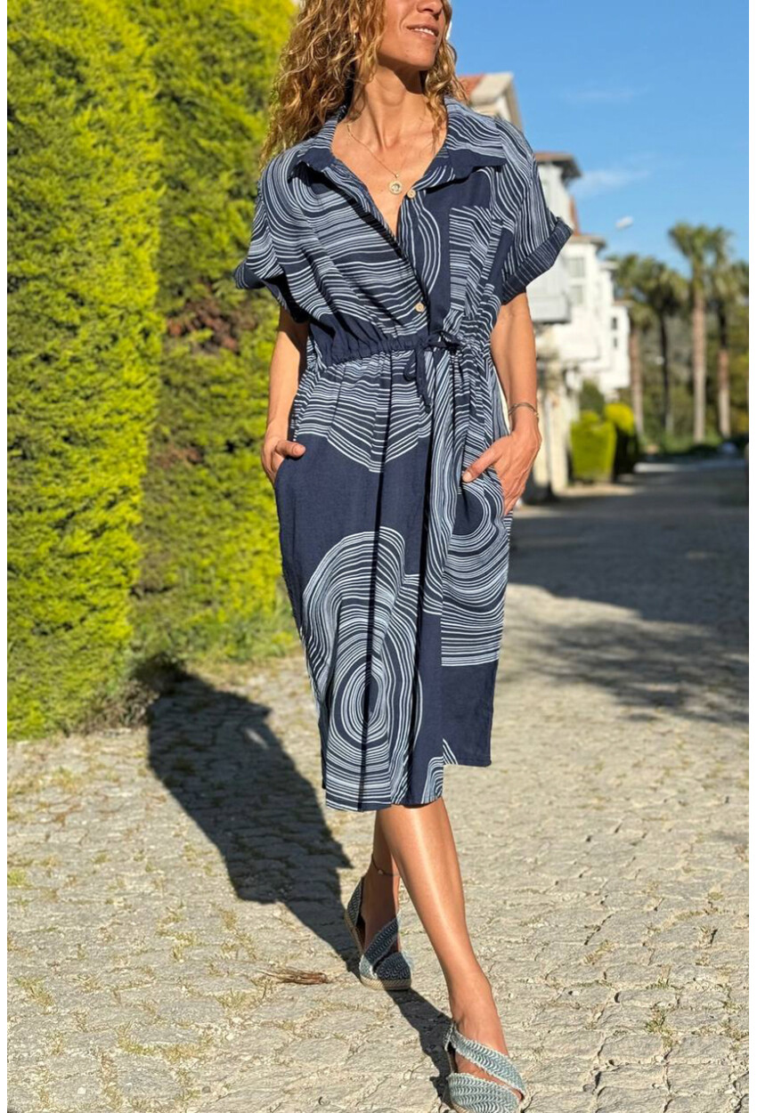 İtalyan Lacivert Gömlek Yaka Geometrik Desenli Cepli Lastikli Bel Keten Salaş Dokuma Elbise 110 60