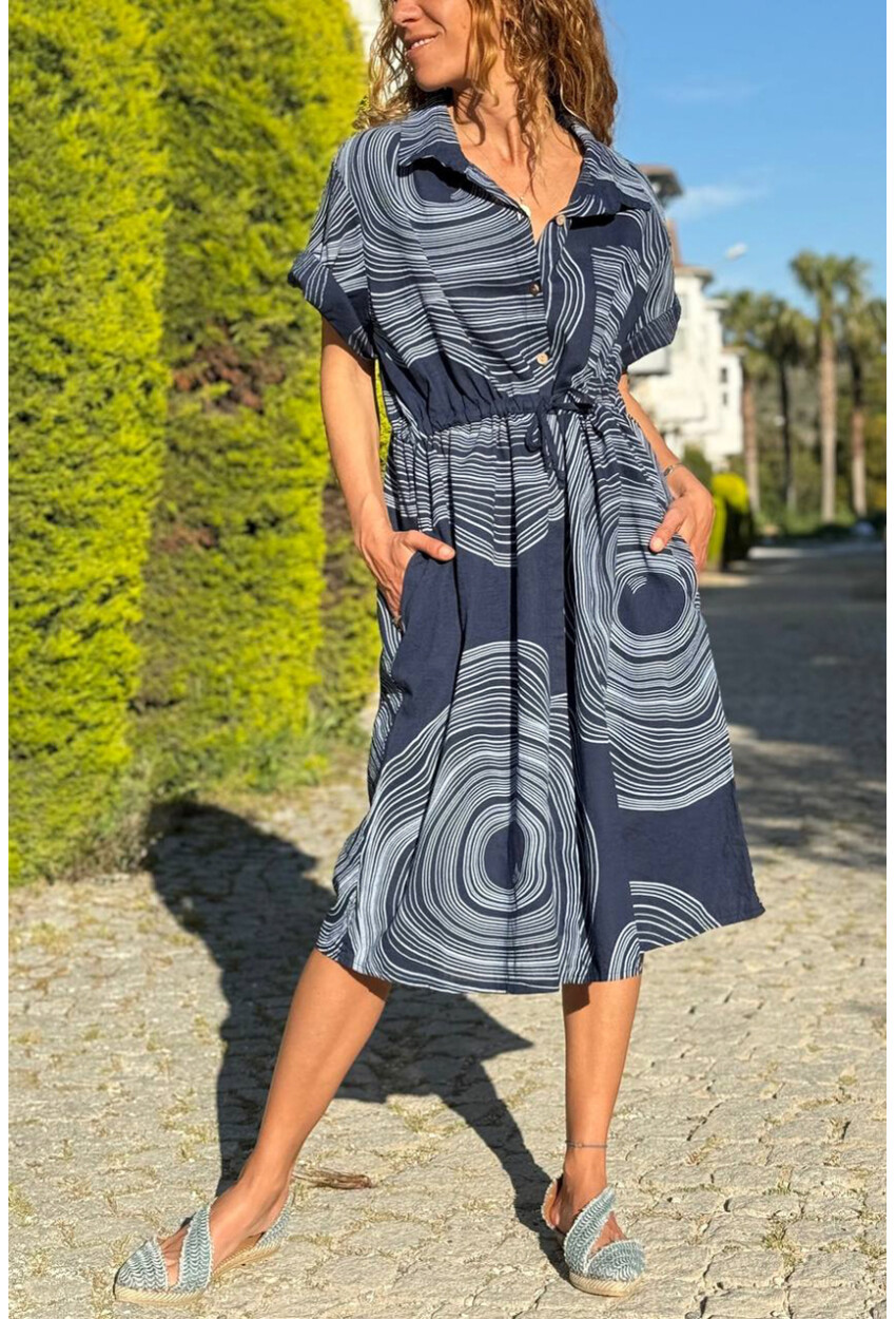 İtalyan Lacivert Gömlek Yaka Geometrik Desenli Cepli Lastikli Bel Keten Salaş Dokuma Elbise 110 60