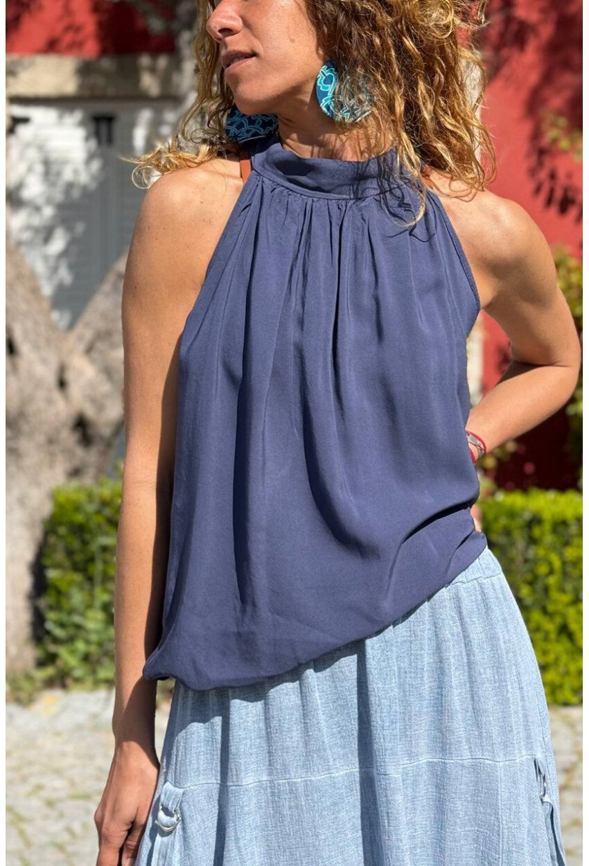 İtalyan Lacivert Halter Yaka Bağlamalı Eteği Lastikli Pliseli Yumuşak Dokulu Dokuma Bluz 65 40
