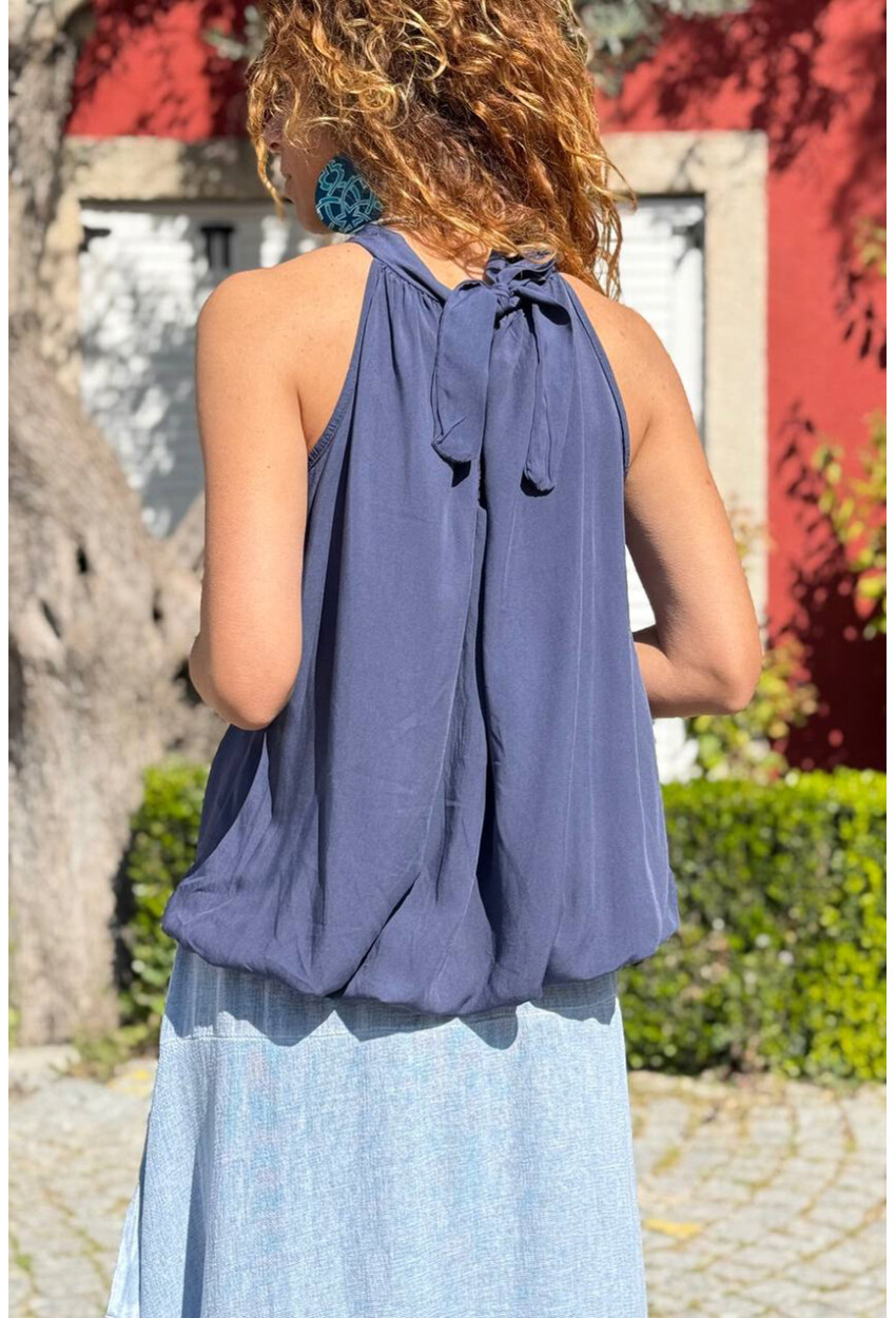 İtalyan Lacivert Halter Yaka Bağlamalı Eteği Lastikli Pliseli Yumuşak Dokulu Dokuma Bluz 65 40