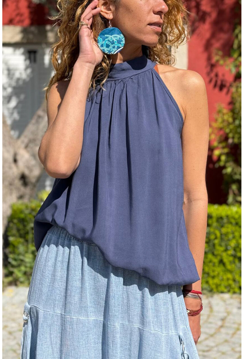 İtalyan Lacivert Halter Yaka Bağlamalı Eteği Lastikli Pliseli Yumuşak Dokulu Dokuma Bluz 65 40