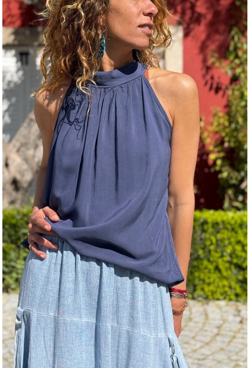 İtalyan Lacivert Halter Yaka Bağlamalı Eteği Lastikli Pliseli Yumuşak Dokulu Dokuma Bluz 65 40