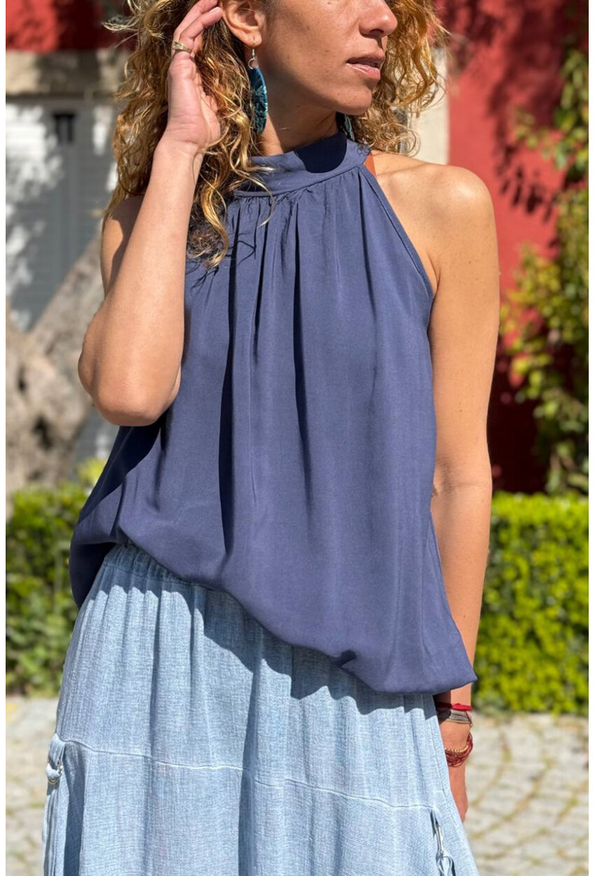 İtalyan Lacivert Halter Yaka Bağlamalı Eteği Lastikli Pliseli Yumuşak Dokulu Dokuma Bluz 65 40