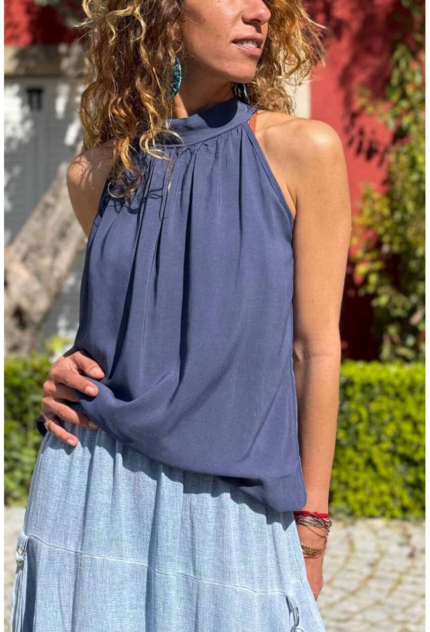 İtalyan Lacivert Halter Yaka Bağlamalı Eteği Lastikli Pliseli Yumuşak Dokulu Dokuma Bluz 65 40