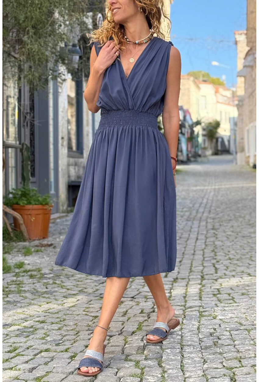 İtalyan Lacivert Kruvaze Yaka Omzu Büzgülü Yumuşak Dokulu Lastikli Bel Dokuma Elbise 110 35