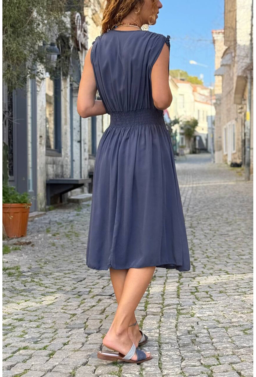 İtalyan Lacivert Kruvaze Yaka Omzu Büzgülü Yumuşak Dokulu Lastikli Bel Dokuma Elbise 110 35