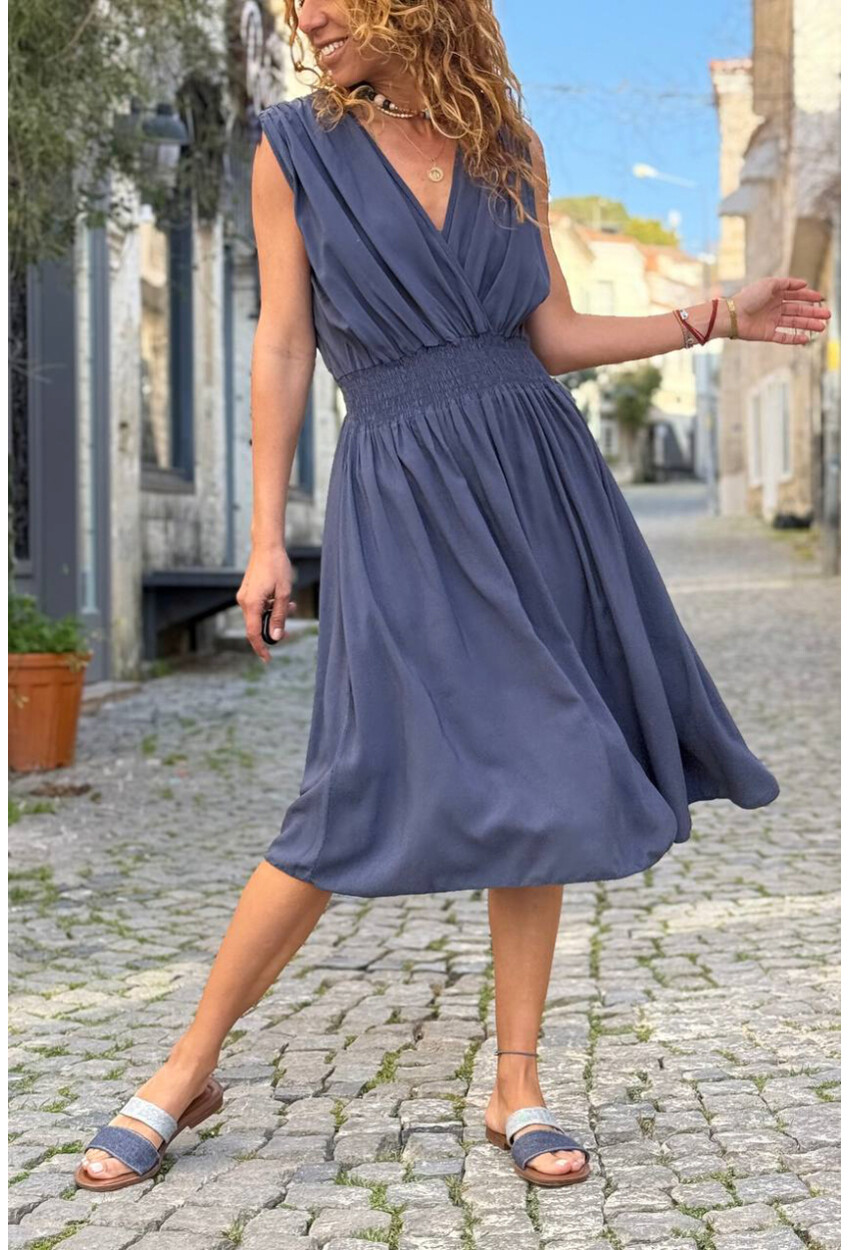 İtalyan Lacivert Kruvaze Yaka Omzu Büzgülü Yumuşak Dokulu Lastikli Bel Dokuma Elbise 110 35
