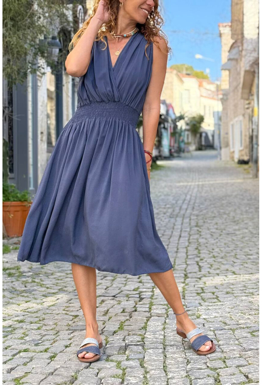 İtalyan Lacivert Kruvaze Yaka Omzu Büzgülü Yumuşak Dokulu Lastikli Bel Dokuma Elbise 110 35