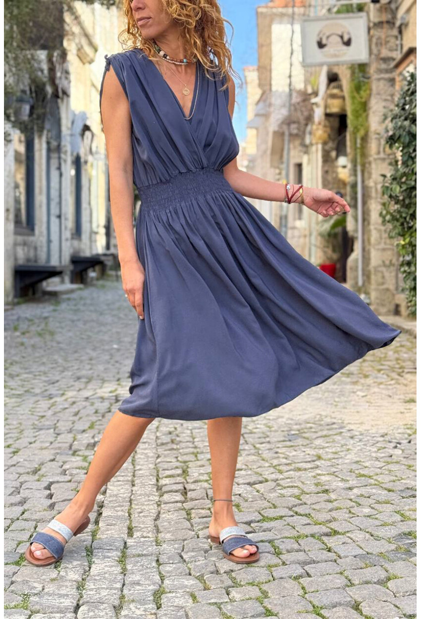 İtalyan Lacivert Kruvaze Yaka Omzu Büzgülü Yumuşak Dokulu Lastikli Bel Dokuma Elbise 110 35
