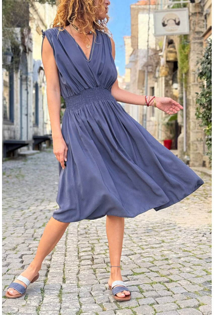 İtalyan Lacivert Kruvaze Yaka Omzu Büzgülü Yumuşak Dokulu Lastikli Bel Dokuma Elbise 110 35