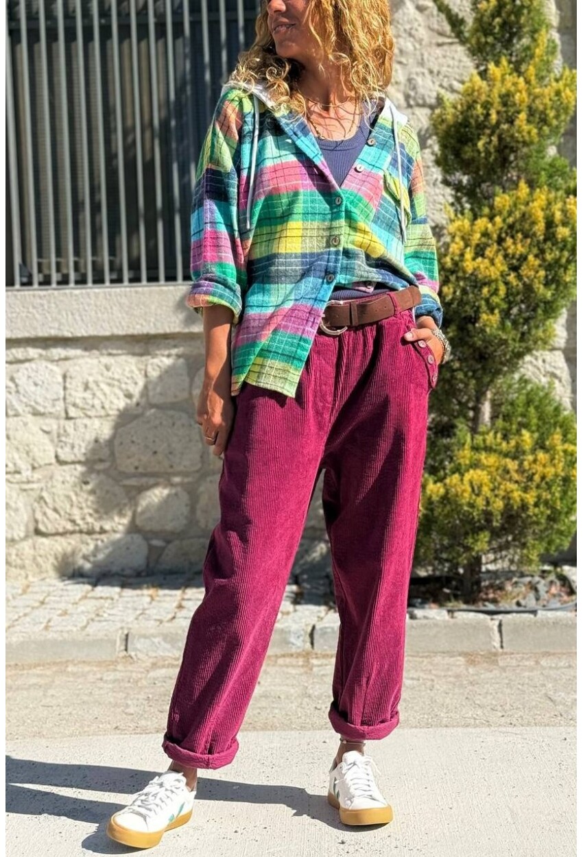 İtalyan Mürdüm Rengi Cepli Kemerli Boru Paça Fitilli Kadife Salaş Pantolon 100 40