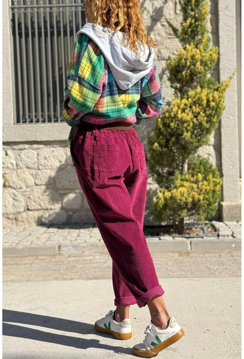 İtalyan Mürdüm Rengi Cepli Kemerli Boru Paça Fitilli Kadife Salaş Pantolon 100 40