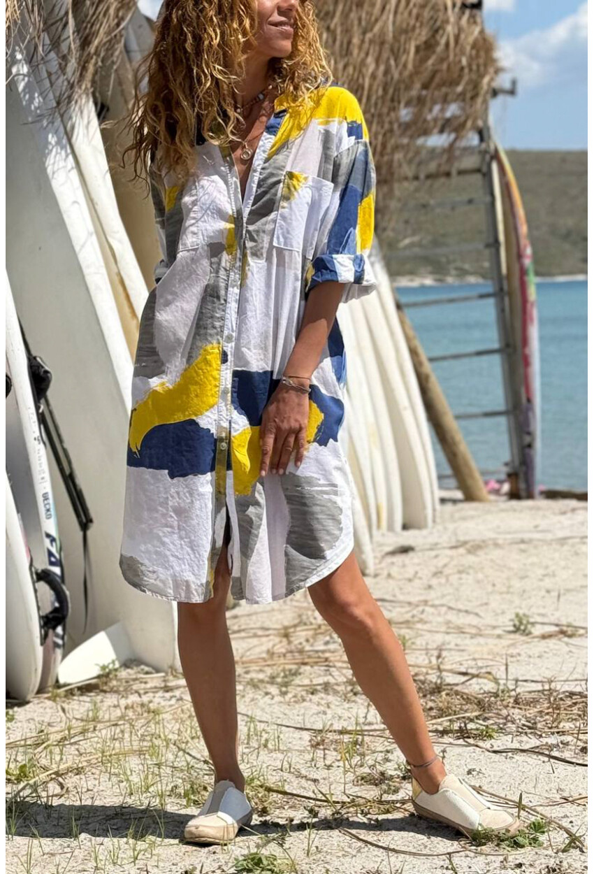 İtalyan Sarı-Mavi-Beyaz Hakim Yaka Geometrik Desenli Pamuklu Salaş Dokuma Gömlek Elbise 100 55