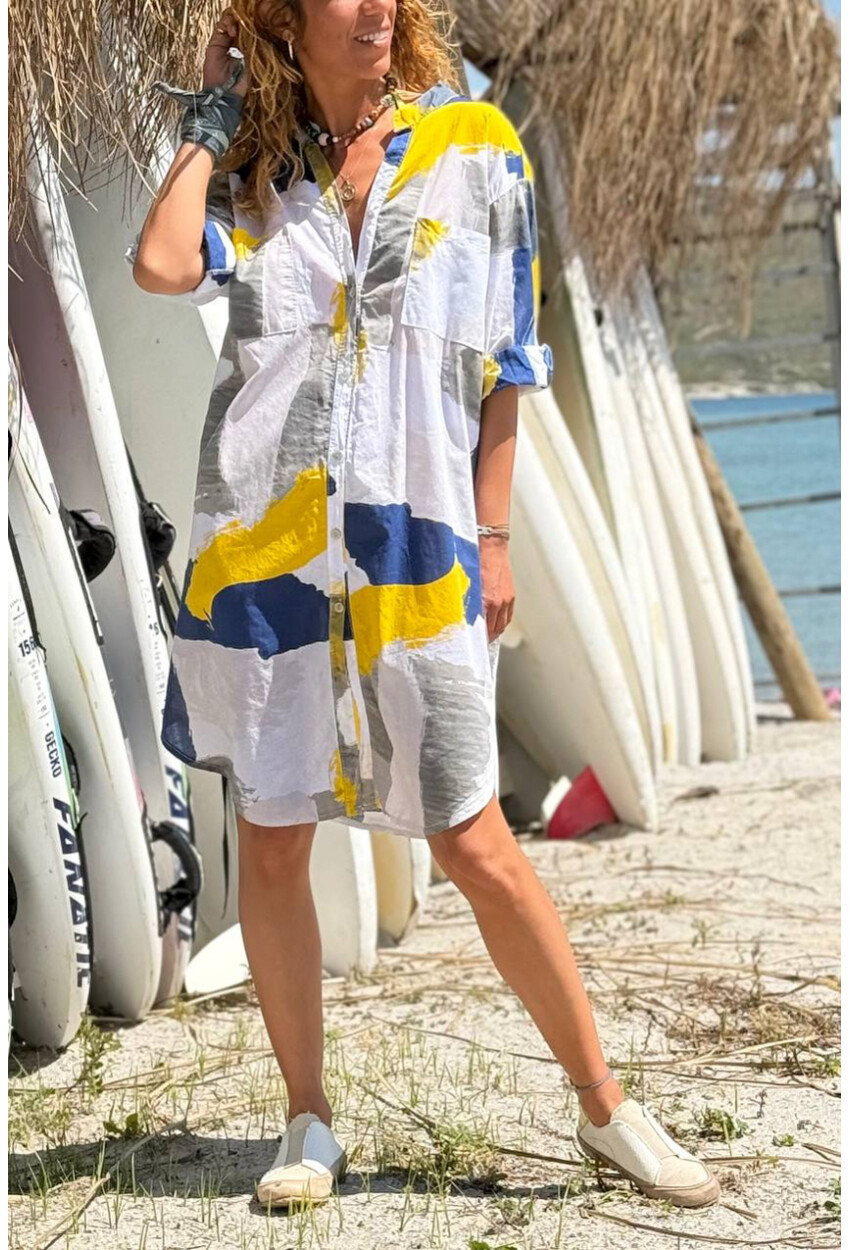 İtalyan Sarı-Mavi-Beyaz Hakim Yaka Geometrik Desenli Pamuklu Salaş Dokuma Gömlek Elbise 100 55