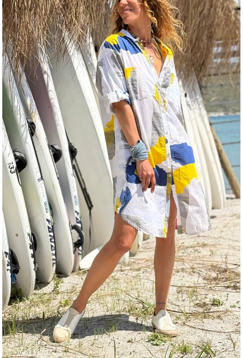 İtalyan Sarı-Mavi-Beyaz Hakim Yaka Geometrik Desenli Pamuklu Salaş Dokuma Gömlek Elbise 100 55