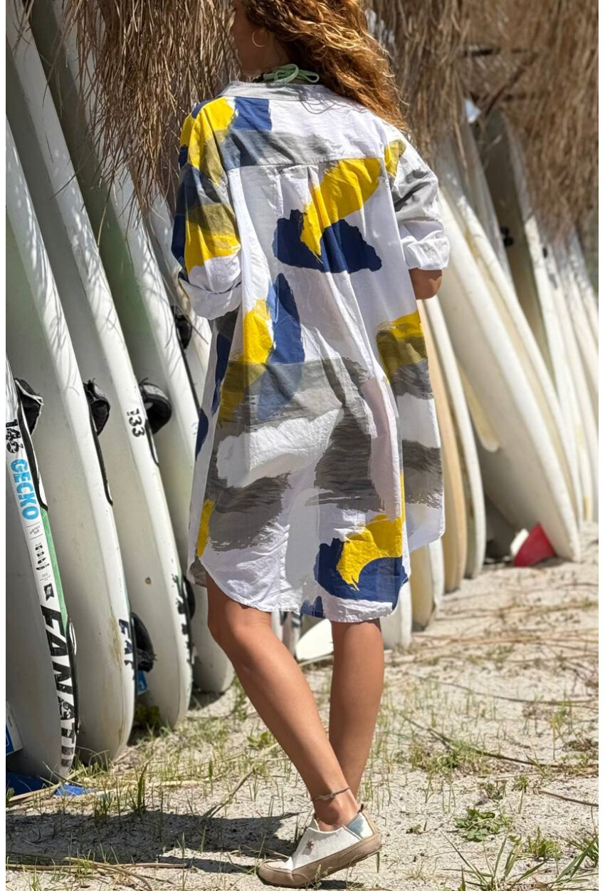 İtalyan Sarı-Mavi-Beyaz Hakim Yaka Geometrik Desenli Pamuklu Salaş Dokuma Gömlek Elbise 100 55