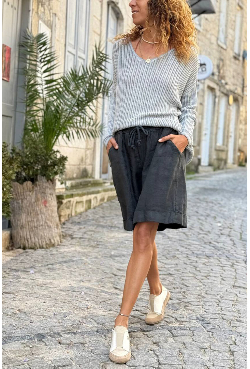 İtalyan Siyah Cepli Duble Paça Keten Salaş Dokuma Şort 55 35