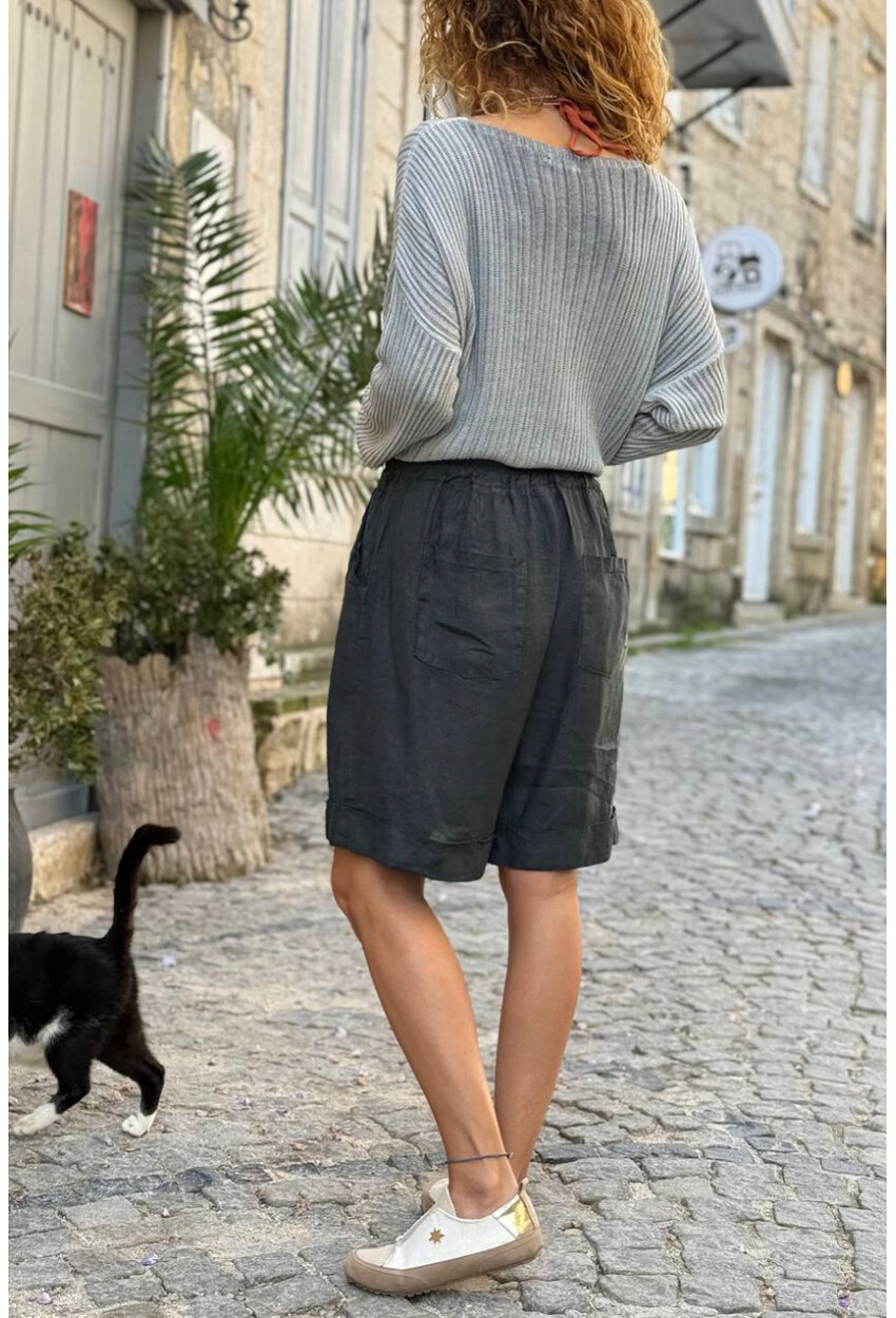 İtalyan Siyah Cepli Duble Paça Keten Salaş Dokuma Şort 55 35