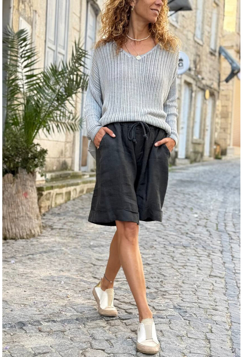 İtalyan Siyah Cepli Duble Paça Keten Salaş Dokuma Şort 55 35