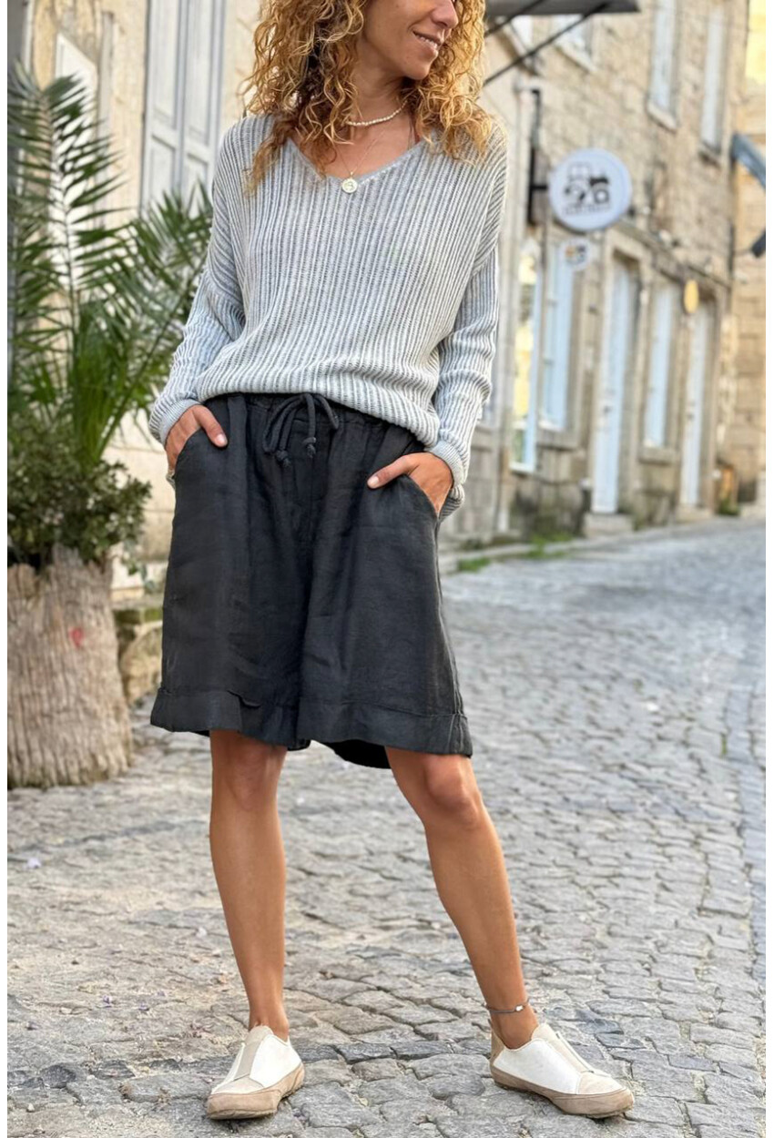 İtalyan Siyah Cepli Duble Paça Keten Salaş Dokuma Şort 55 35