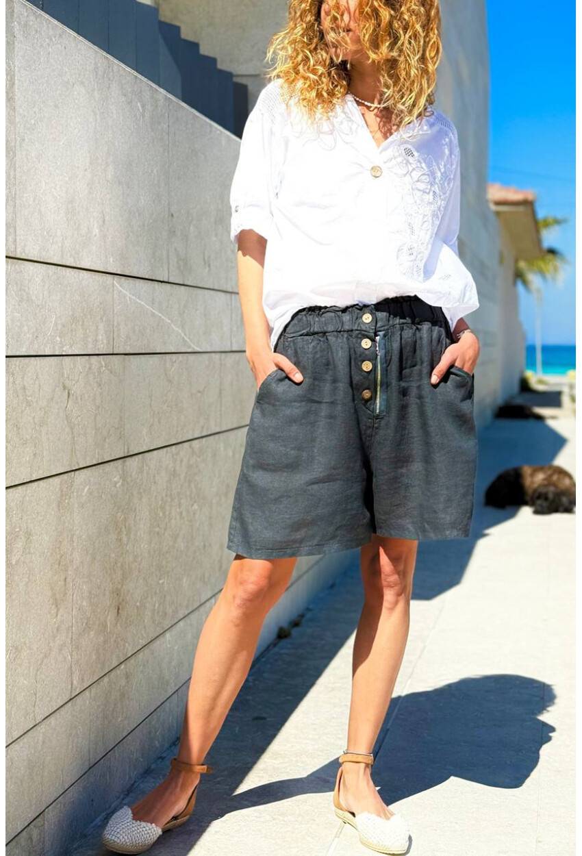 İtalyan Siyah Cepli Fermuarlı Lastikli Bel Keten Salaş Dokuma Şort 45 35