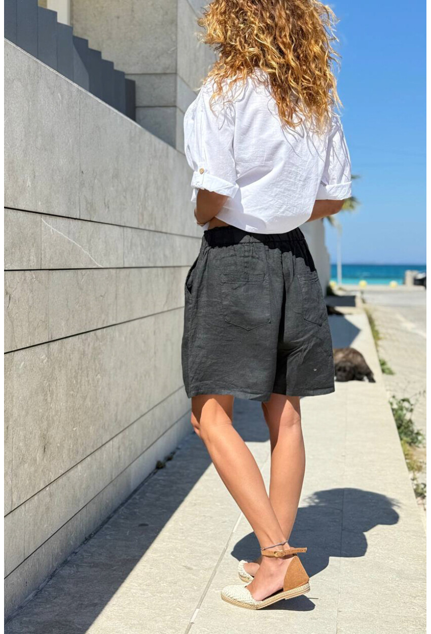 İtalyan Siyah Cepli Fermuarlı Lastikli Bel Keten Salaş Dokuma Şort 45 35