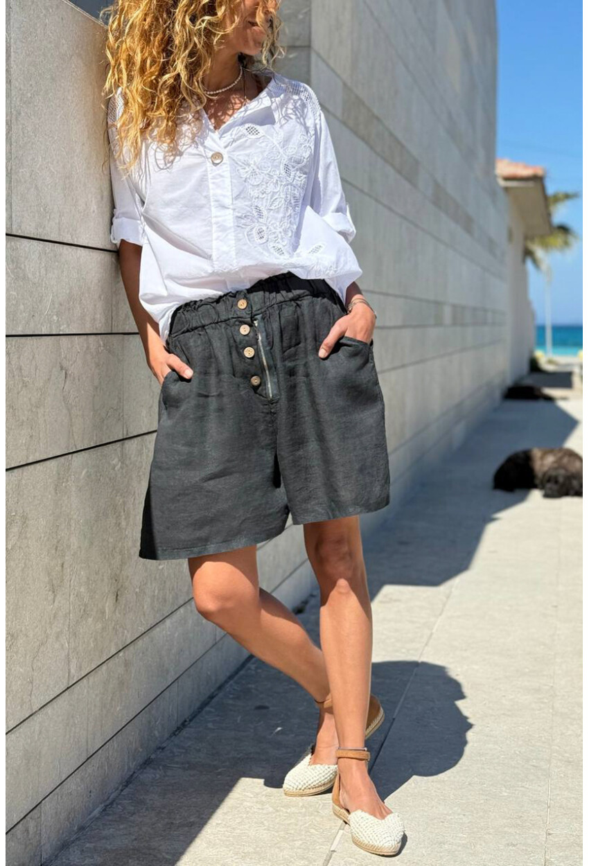 İtalyan Siyah Cepli Fermuarlı Lastikli Bel Keten Salaş Dokuma Şort 45 35