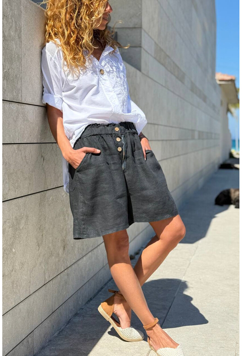 İtalyan Siyah Cepli Fermuarlı Lastikli Bel Keten Salaş Dokuma Şort 45 35