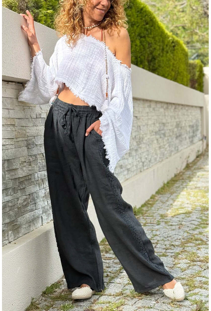 İtalyan Siyah Cepli Yanları Brodeli Lastikli Bel Bol Paça Keten Salaş Dokuma Pantolon 100 35