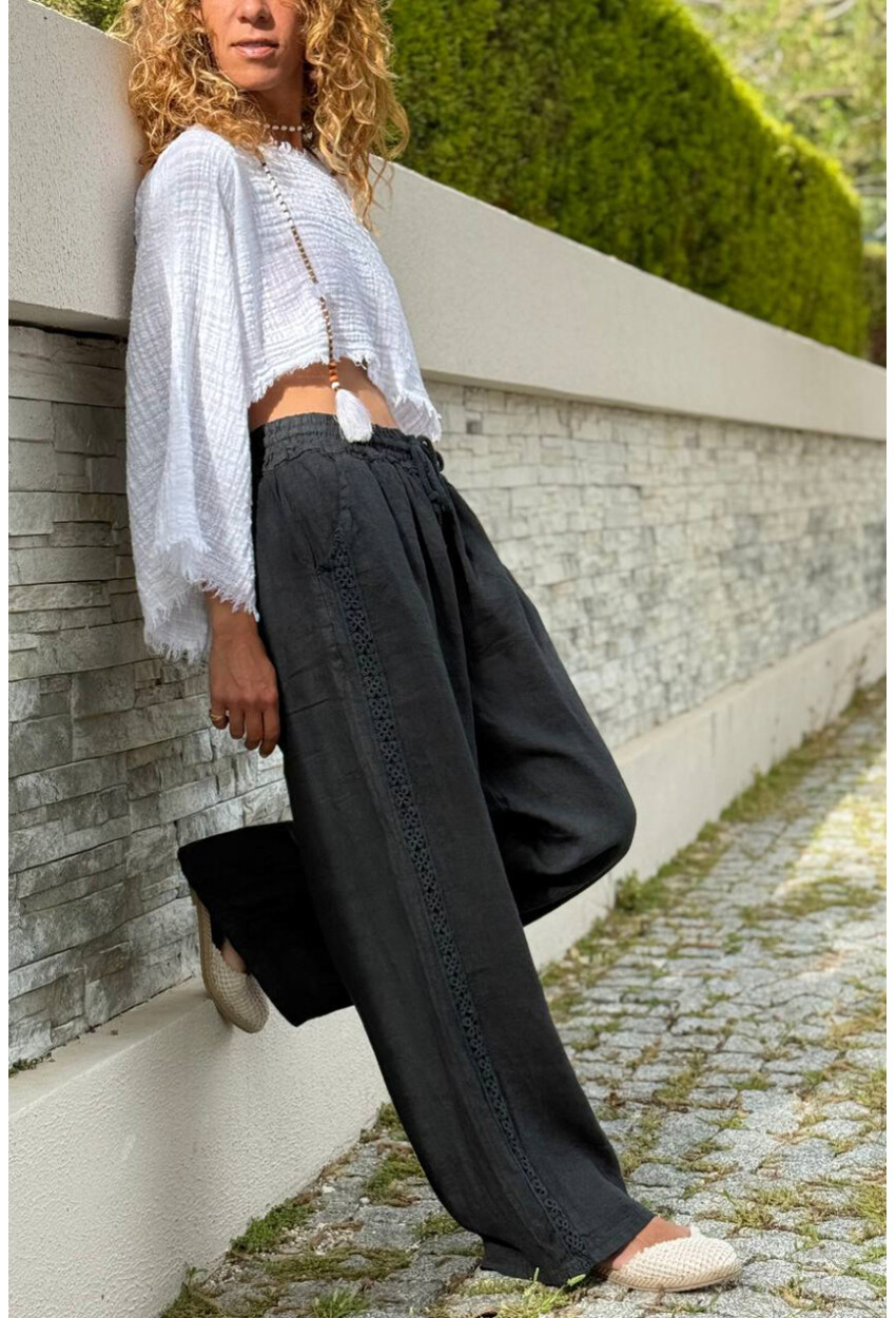 İtalyan Siyah Cepli Yanları Brodeli Lastikli Bel Bol Paça Keten Salaş Dokuma Pantolon 100 35