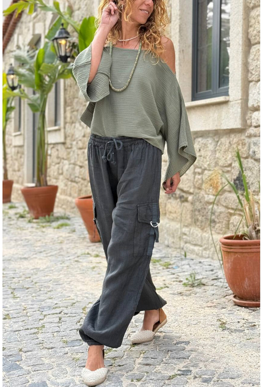 İtalyan Siyah Cepli Yanları Cepli Lastikli Paça Keten Salaş Dokuma Pantolon 100 35