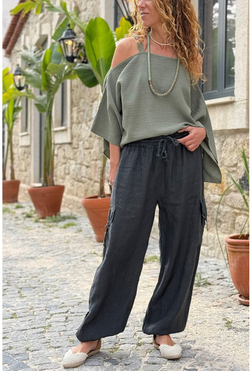 İtalyan Siyah Cepli Yanları Cepli Lastikli Paça Keten Salaş Dokuma Pantolon 100 35