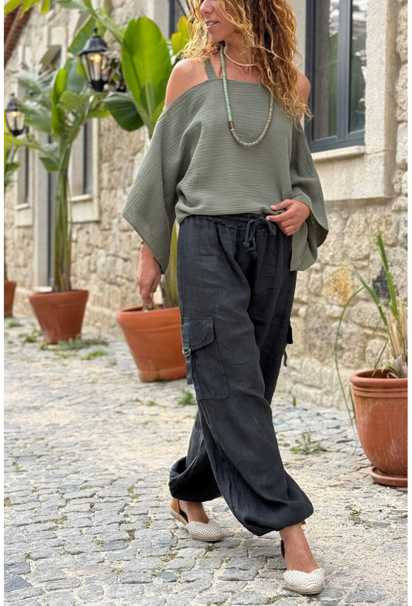 İtalyan Siyah Cepli Yanları Cepli Lastikli Paça Keten Salaş Dokuma Pantolon 100 35