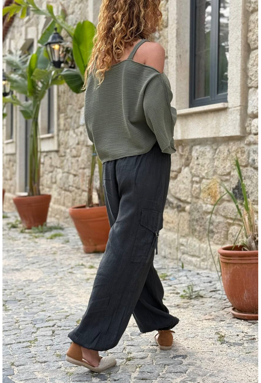 İtalyan Siyah Cepli Yanları Cepli Lastikli Paça Keten Salaş Dokuma Pantolon 100 35