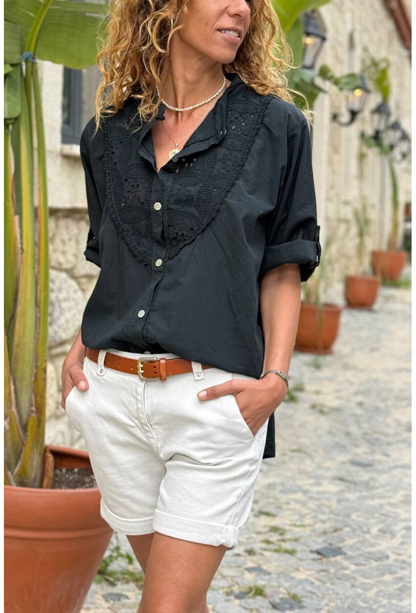 İtalyan Siyah Hakim Yaka Brodeli Pamuklu Salaş Dokuma Gömlek 70 55