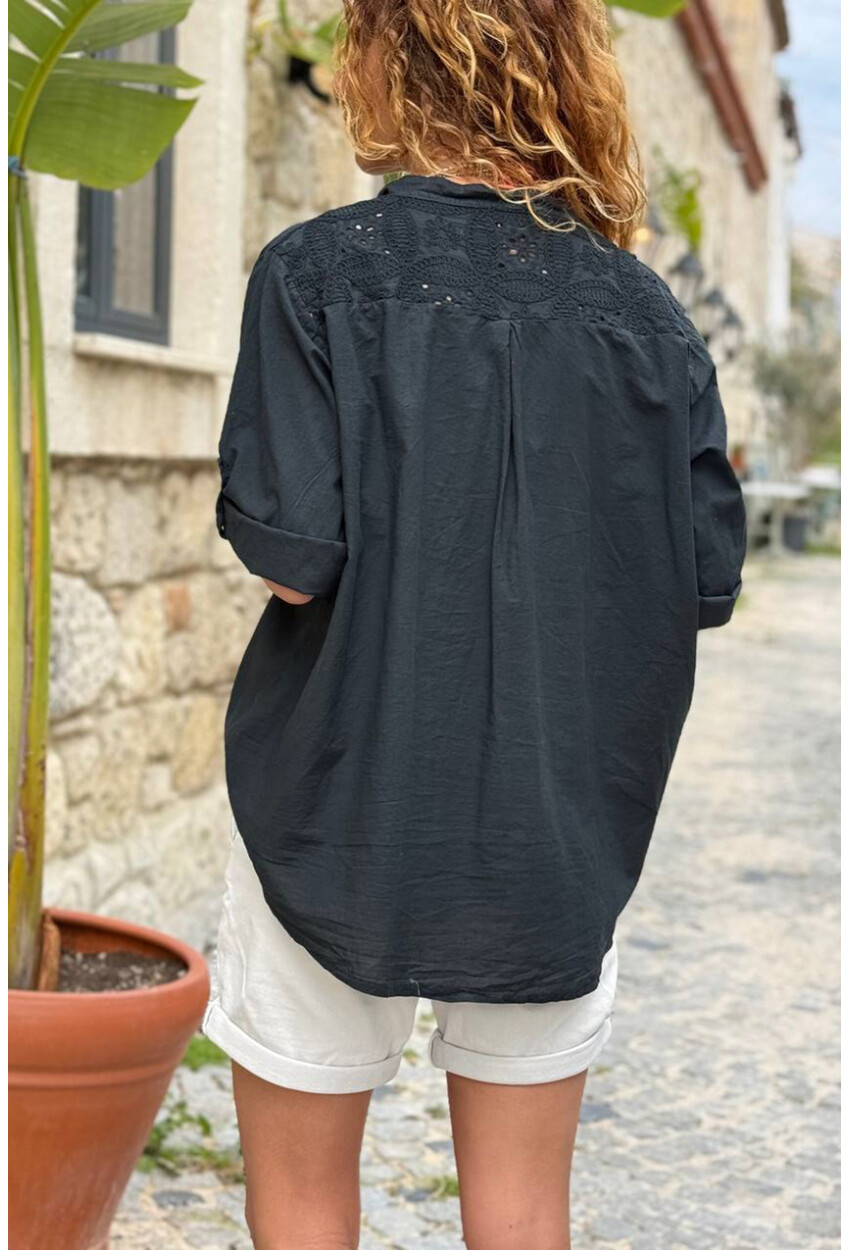 İtalyan Siyah Hakim Yaka Brodeli Pamuklu Salaş Dokuma Gömlek 70 55