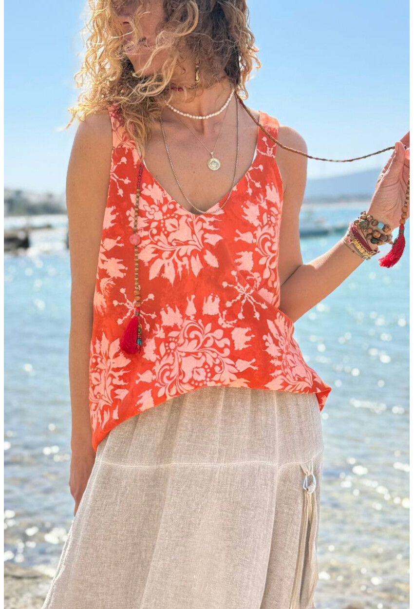 İtalyan Turuncu Askılı Desenli Yumuşak Dokulu A-Form Fit Salaş Dokuma Bluz 65 50