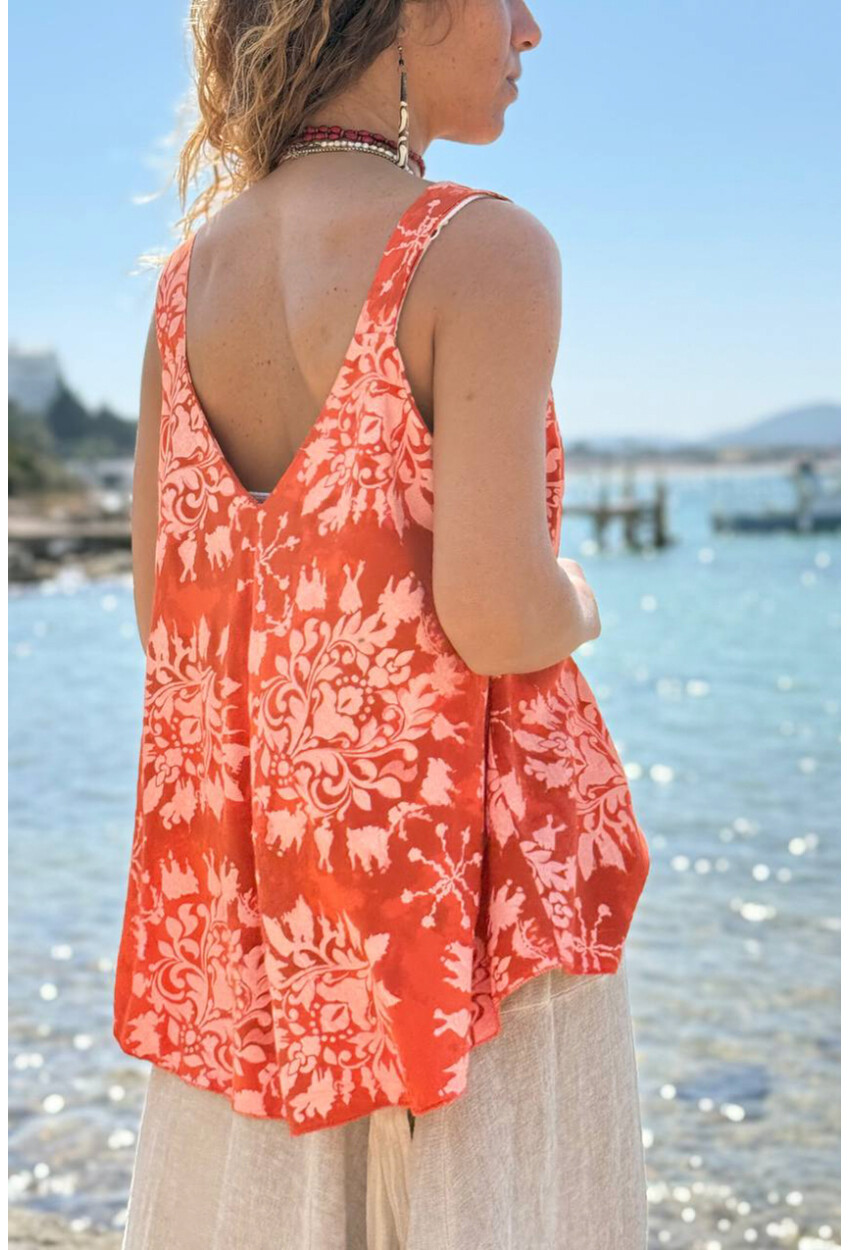 İtalyan Turuncu Askılı Desenli Yumuşak Dokulu A-Form Fit Salaş Dokuma Bluz 65 50