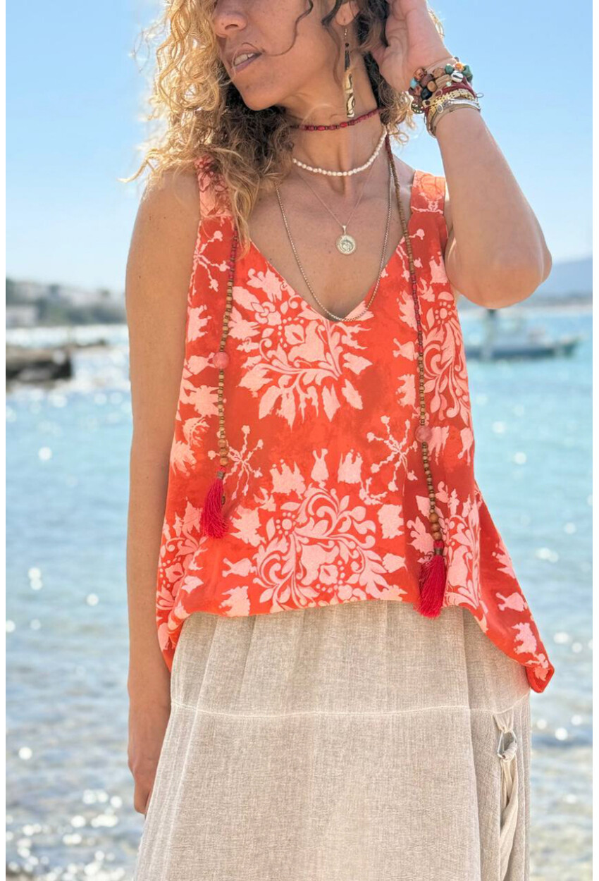 İtalyan Turuncu Askılı Desenli Yumuşak Dokulu A-Form Fit Salaş Dokuma Bluz 65 50