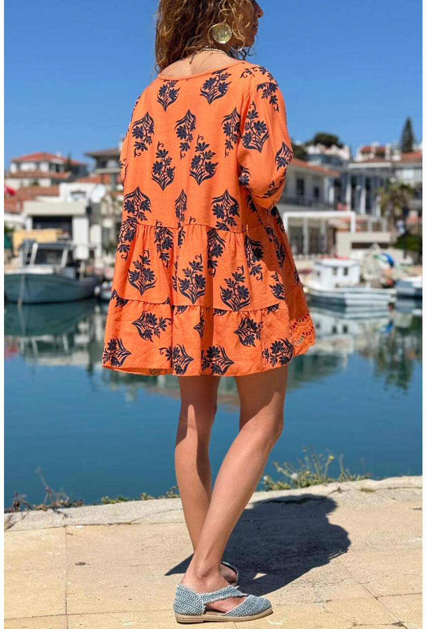 İtalyan Turuncu Bağlamalı Yaka Etnik Desenli Eteği Fırfırlı Pamuklu Salaş Dokuma Elbise 80 55